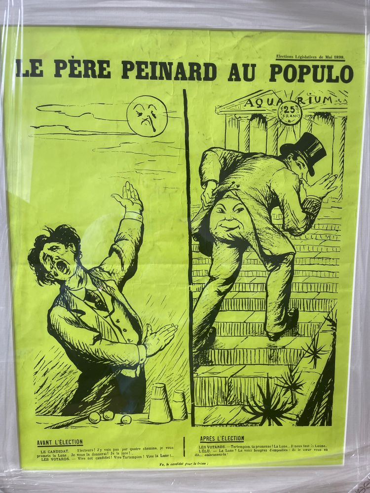 Affiche montrant un homme déclamant sous la lune (“Avant l’élection”) puis montrant son postérieur transformé en lune (“après l’élection”) en entrant au Parlement.