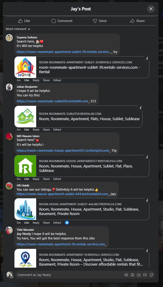 Screenshot of multiple spammers in Facebook comments.