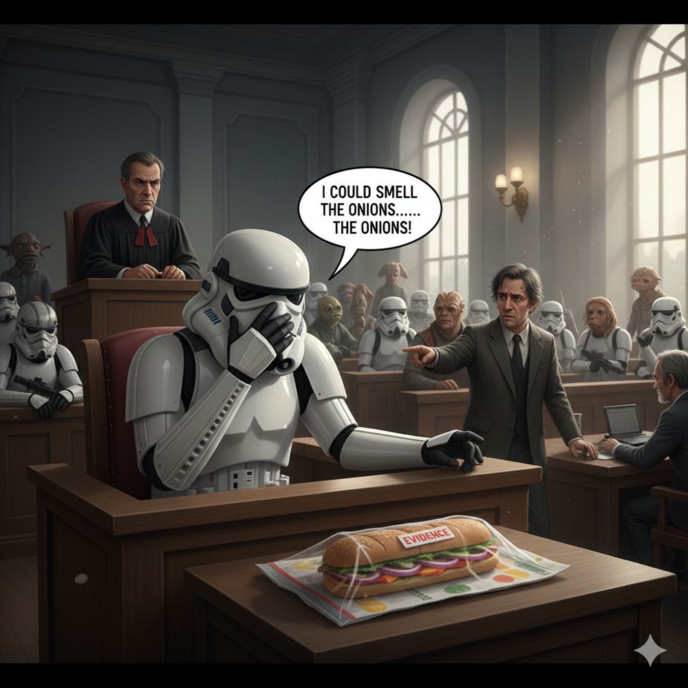 A storm trooper in court with a sub sandwich in an evidence bag in front of him