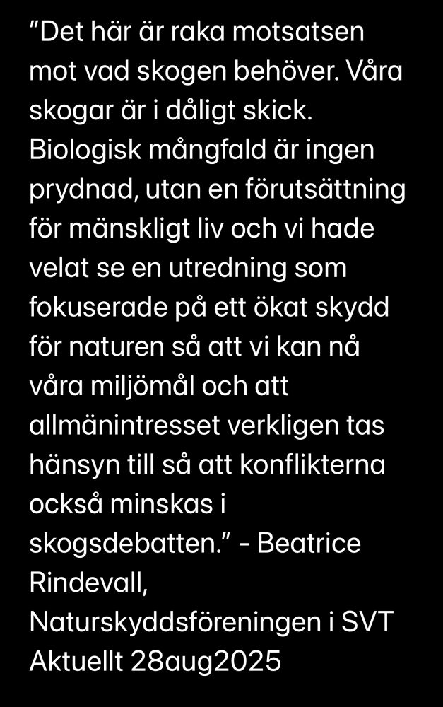 ”Det här är raka motsatsen mot vad skogen behöver. Våra skogar är i dåligt skick. Biologisk mångfald är ingen prydnad, utan en förutsättning för mänskligt liv och vi hade velat se en utredning som fokuserade på ett ökat skydd för naturen så att vi kan nå våra miljömål och att allmänintresset verkligen tas hänsyn till så att konflikterna också minskas i skogsdebatten.” - Beatrice Rindevall, Naturskyddsföreningen i SVT Aktuellt 28aug2025