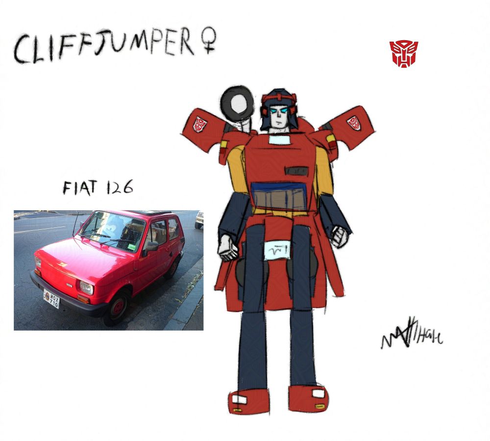 A fan design of Cliffjumper from The Transformers. This alternate cliffjumper is female. Rather than transforming into a "Penny Racer" Porche 928 she transforms into a Fiat 126. Her head design is inspired by the headdress from comedy film Carry On Cleo.