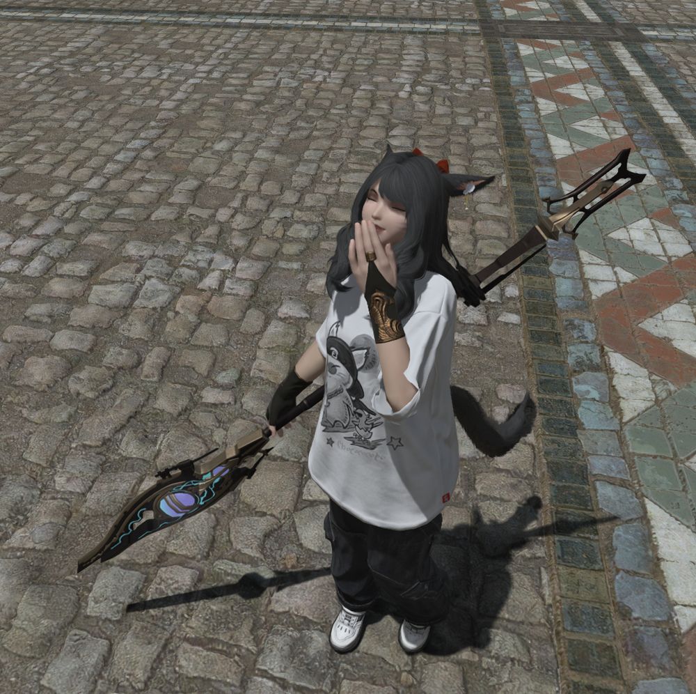 A wide angle photo of the same catgirl looking up towards the camera, she's giggling with her eyes closed and is holding her hand in front of her face