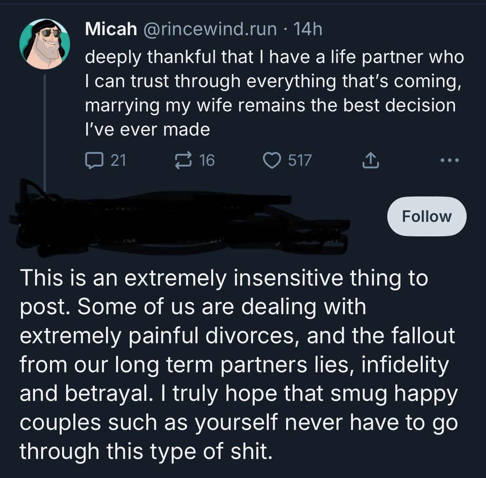 Screenshot of a post I made about how glad I am I married my wife and a reply castigating me for how insensitive this is