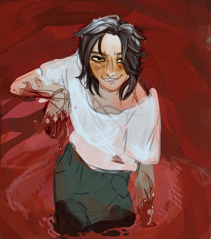 Young agender person in a pool of what looks for be blood, smug face, hands and forearms are covered in it. 