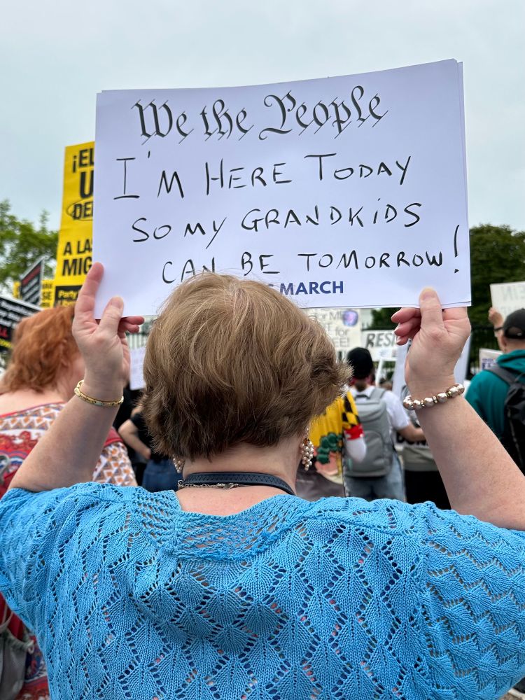 Protester in blue holding sign: We the People. I’m here today so my grandkids can be tomorrow!