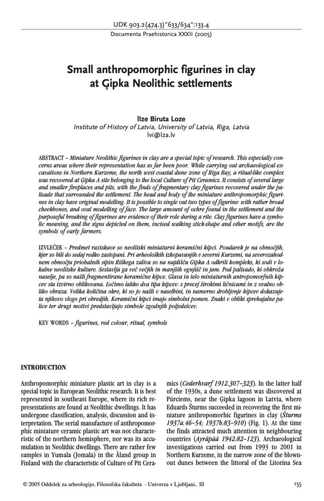 First page of the article "Small anthropomorphic figurines in clay at Ģipka Neolithic settlements".