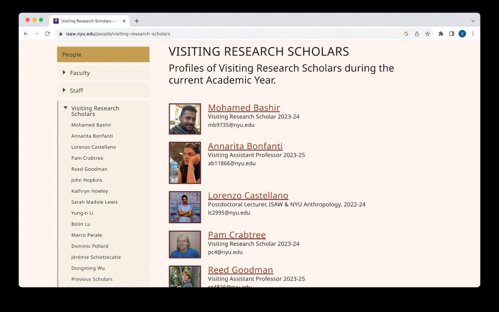 Screen shot showing some current Visiting Assistant Professors and Visiting Research Scholars at the Institute for the Study of the Ancient World, NYU.