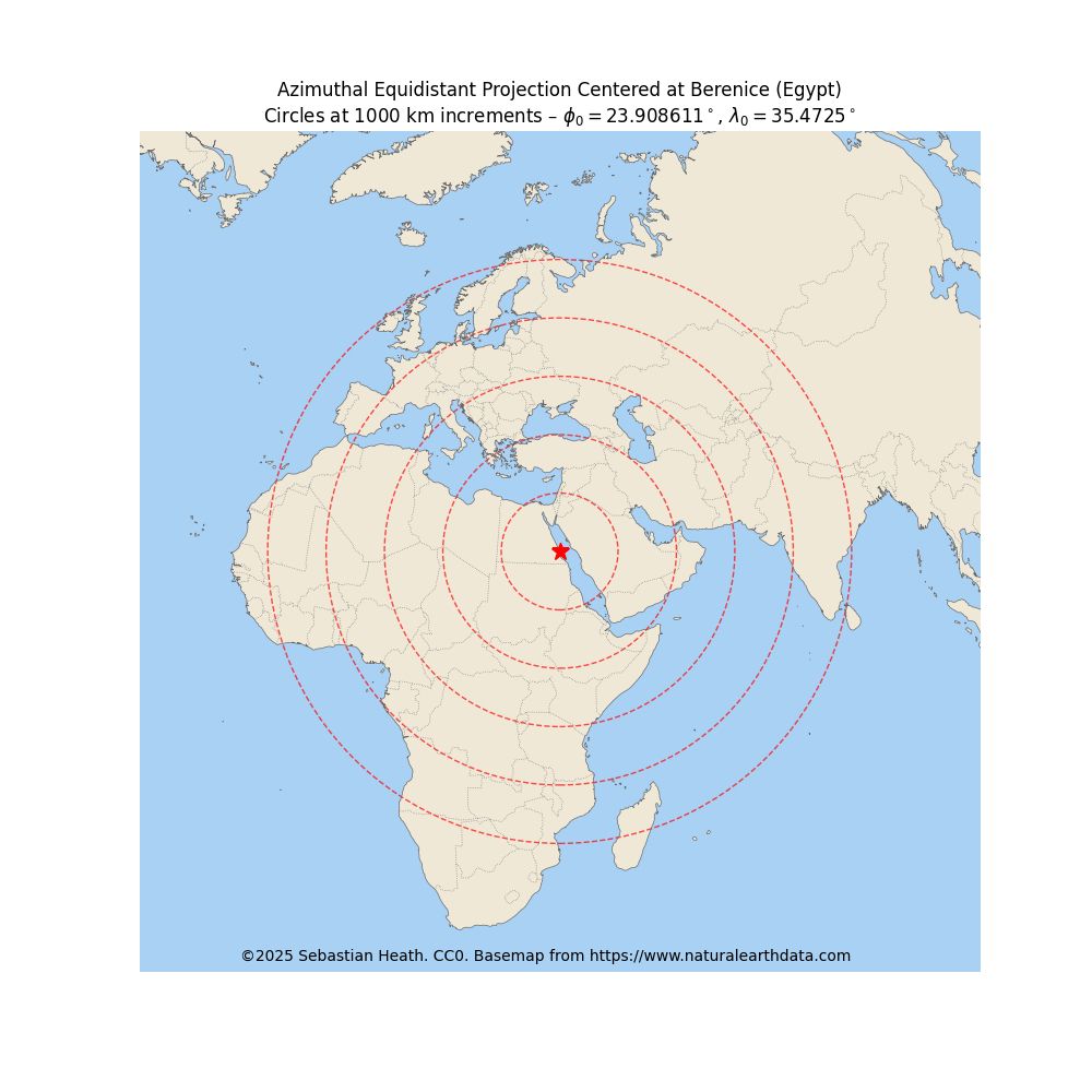 Berenice with 5 1Km concentric circles.