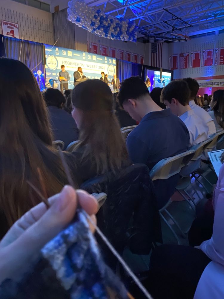 The next grey and blue striped sock being knitted but the blue variegated stripes are much wider than the other socks I just finished. Totally different. In the background, eager high school scientists await their awards. A huge net of blue and white balloons hangs over the stage, waiting for the right moment to pounce in celebration. 