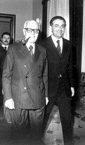 President Sandro Pertini (left) in the Sicilian Parliament building, Palazzo dei Normanni, with Piersanti Mattarella (right).