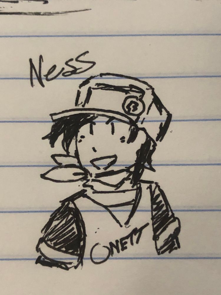 A doodle of Ness as he would appear in game. Something I wanted to do to kind of ‘interconnect’ these worlds beyond “this is this character from this game” is give these characters backstories in the world of Smash Bros. As a result, Ness quickly turned into one of my favorites to think about as the captain of a baseball team in his local area. I’ve also taken the liberty of aging him up a little bit, since in EarthBound he’s around 10-13 depending on who you ask. Here, he’s about 16-17.