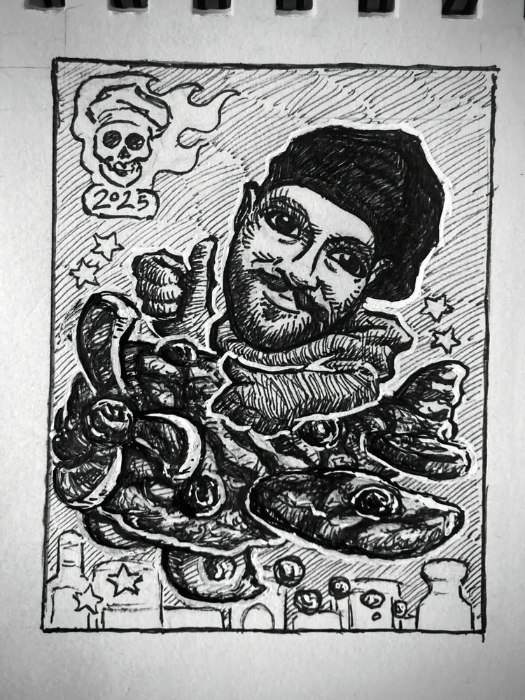 Caricature of a bearded man in a black chef's hat flying a single-propeller plane made of scones