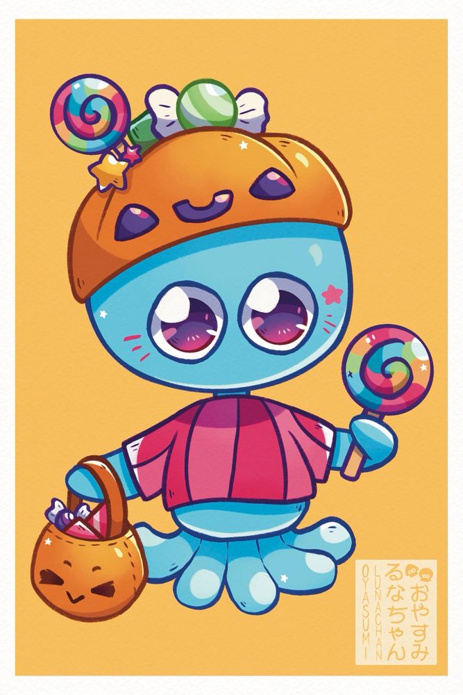 A little jelly from Splatoon holding a basket of Halloween candy and a lollipop. There is a jack-o’-lantern hat on his head.