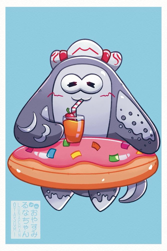 Art of Big Man from Splatoon 3 sipping an orange beverage with a cherry on top. He’s wearing a donut floaty.