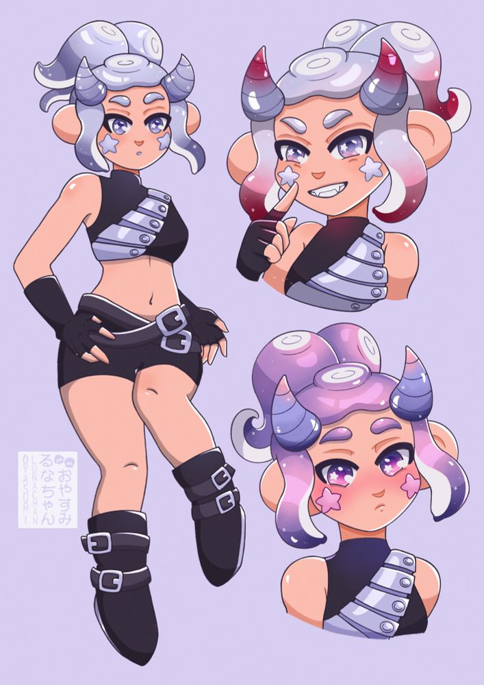 A reference sheet of my octoling, which is a type of character from Splatoon, named Luna. There are three drawings on the reference. On the left is a full body image, and on the right are two head shots with varying ink / hair colors and expressions.