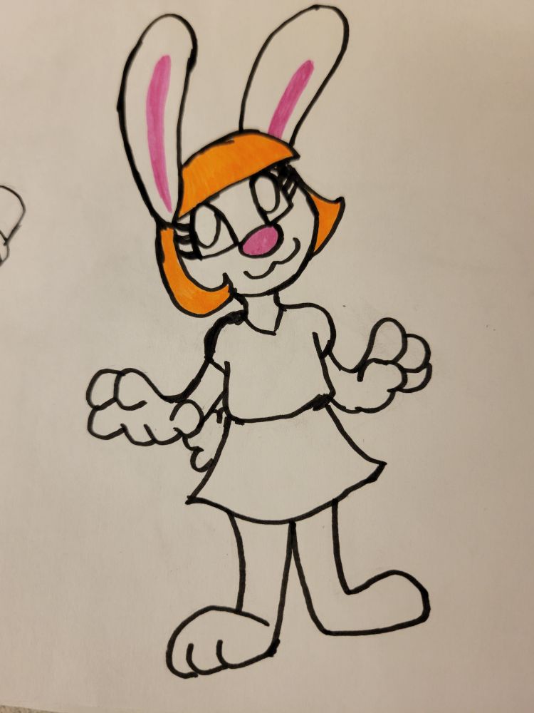 A cartoon anthropomorphic rabbit girl with orange hair and a big pink nose drawn in micron pens