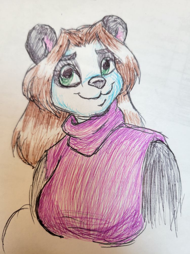 An anthropomorphic panda lady with long brown hair,  green eyes, and a purple sleeveless turtleneck.