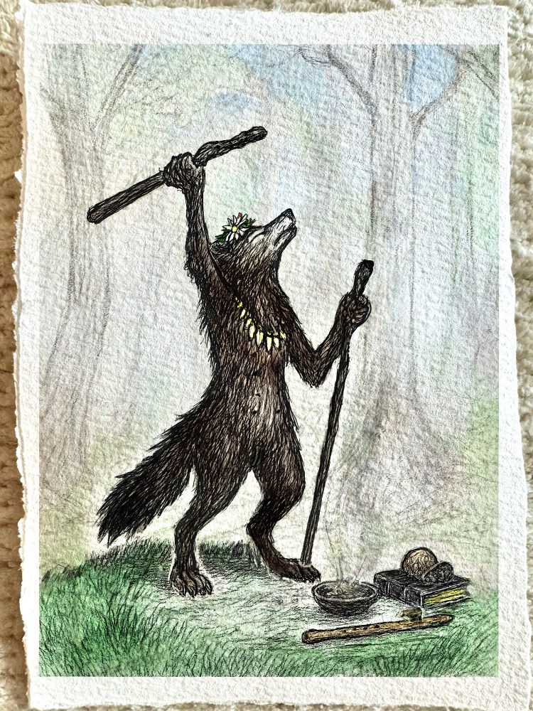 Image 3 (right): A colored version of the wolf mother sketch, finished, standing on green grass, soil and earth. Her posture is calm, even dignified, holding the staff and bowl with quiet intensity. Her fur is dark brown, with green eyes and a glowing scar or mark on her chest. The background is softly textured in green and blue, suggesting an outdoor setting, possibly a clearing or ritual space. The mood is somber but composed. 