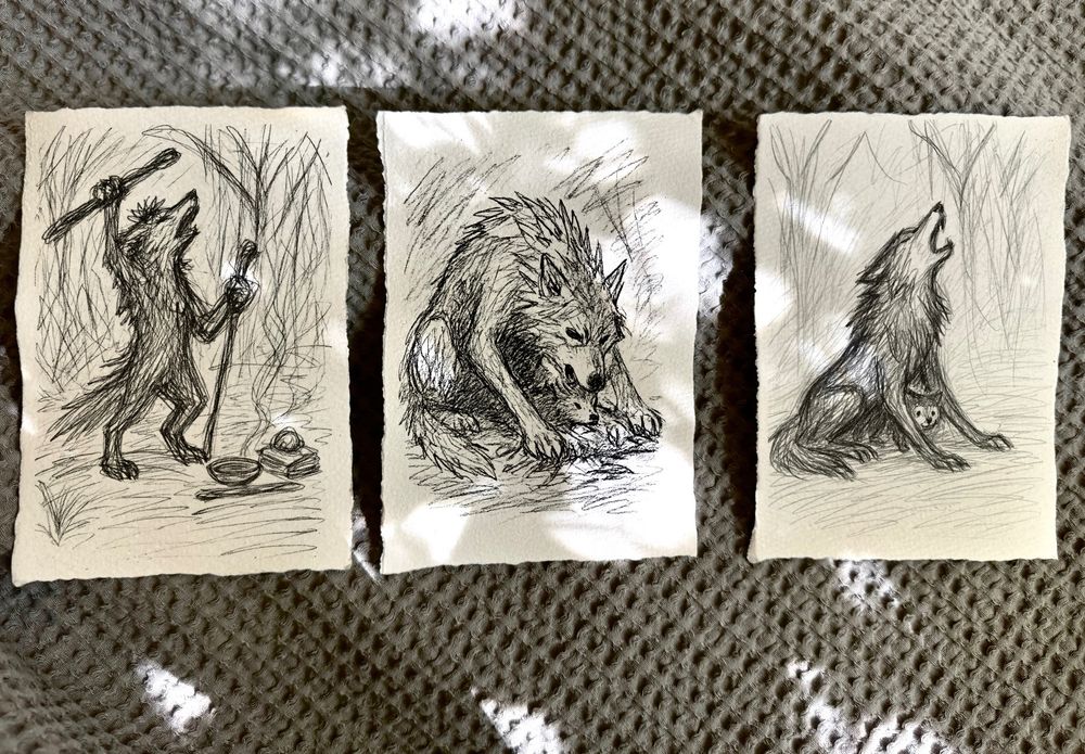 A photograph of three drawings in a rough and expressive style.

Left panel: A rough ink sketch of an upright anthropomorphic wolf performing a ritual. The wolf stands on two legs, howling upward while holding a staff in one paw and a stick in the other. At its feet are ceremonial objects—a lit vessel of an offering bowls, a leather book, a stone and a pinecone The background is filled with wild, expressive linework suggesting tall grasses or trees.

Center panel: A large wolf crouches protectively over a small pup, cradling it gently with both front paws. The adult wolf’s head is lowered, touching the pup affectionately, eyes closed in tenderness. The composition is dense with fur texture and soft shadowing, evoking quiet nurture and warmth.

Right panel: A seated wolf throws back its head to howl, one paw slightly raised, eyes closed. Tucked securely beneath its raised arm is a very small pup, looking out with wide eyes. Sparse forest linework forms the backdrop, emphasizing the emotional core of protective howling.