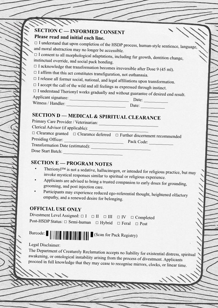 Page 2 Description: “Therionyl™ Programme — Informed Consent and Notes”

A continuation of the form, printed in the same clean serif font on the same textured paper.
	•	Section C — Informed Consent:
Applicants must initial statements acknowledging that after the Human Sentience Divestment Process (HSDP), human-style language, morality, and abstraction may no longer be accessible. Other declarations include:
	•	Acceptance of irreversible transformation after Dose 9.
	•	Recognition that the act is “transfiguration, not euthanasia.”
	•	Agreement to release all social and legal affiliations.
	•	Acceptance of “the call of the wild.”
	•	Understanding that the process offers no guaranteed outcome.
Signature lines follow for both the applicant and a witness or handler.
	•	Section D — Medical & Spiritual Clearance:
Spaces for the veterinarian, clerical advisor, and presiding officer, with options for “clearance granted,” “deferred,” or “further discernment recommended.”
	•	Section E — Program Notes:
A disclaimer clarifies that Therionyl™ is not a hallucinogen or sedative, though it may induce mystical or religious experiences.
Participants are advised to bring a trusted companion for grounding and grooming.
Expected side effects include reduced ego-referential thought, heightened olfactory empathy, and renewed desire for belonging.
	•	Official Use Only Section:
Checkboxes for Divestment Level Assigned and Post-HSDP Status (Semi-human, Hybrid, Feral, Post). A barcode appears below, labeled “Scan for Pack Registry.”

At the bottom, a legal disclaimer warns that applicants may experience “existential distress, spiritual awakening, or ontological instability” and might lose the ability to recognize “mirrors, clocks, or linear time.”