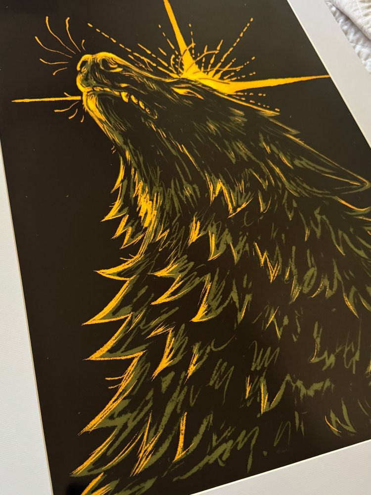 A stylized drawing of a wolf’s head in profile, fur bristling and glowing with golden highlights. The wolf’s muzzle is raised skyward, mouth slightly open, as radiant golden beams burst from behind its head like a halo or sunburst. The dark background emphasizes the luminous, fiery effect of the lines.