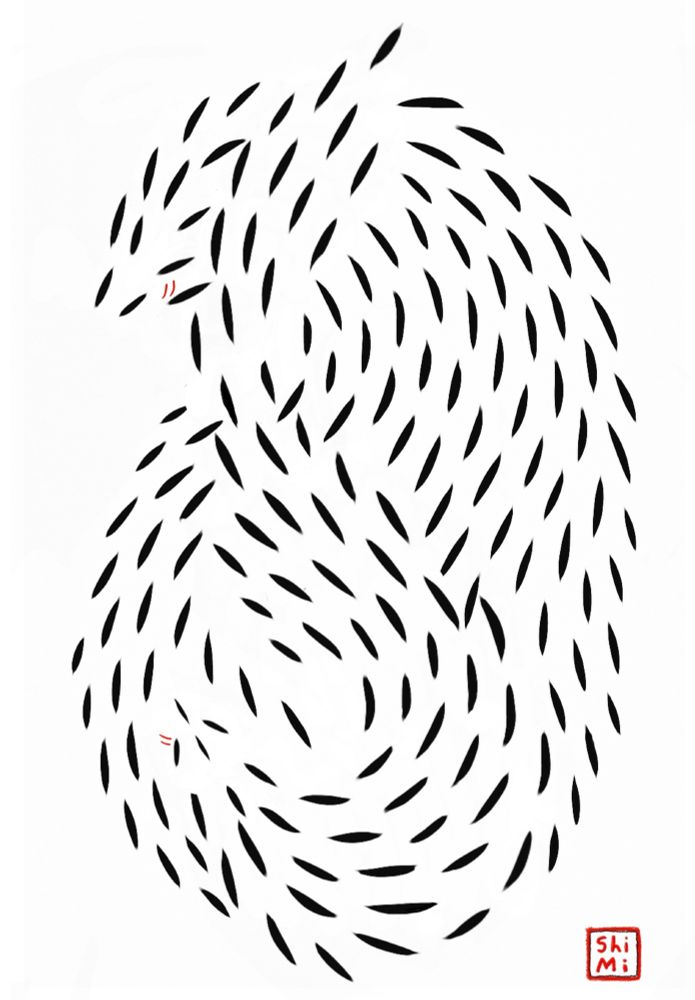 A abstract image of two foxes or wolven curled around each other using just lozenge shapes I usually reserve for fur. There is no linework, only flow and direction shapes making two distinct bod shapes. The image is in black on white with a small  artists logo in the bottom right depicting “Shimi” — my art stamp. Each creature has two red lines on the left cheek just below the eyes (also thin lozenge shapes)