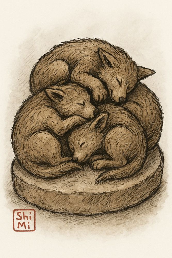 Digital pen-and-ink style drawing of three small wolf pups curled tightly together in a circular formation, all asleep on a round stone pedestal. Their bodies overlap and interlock, forming a spiral of fur and tails. The shading is soft and textured, giving the piece a warm, tender feeling. A small red artist’s stamp in the corner reads ‘Shimi.’”
