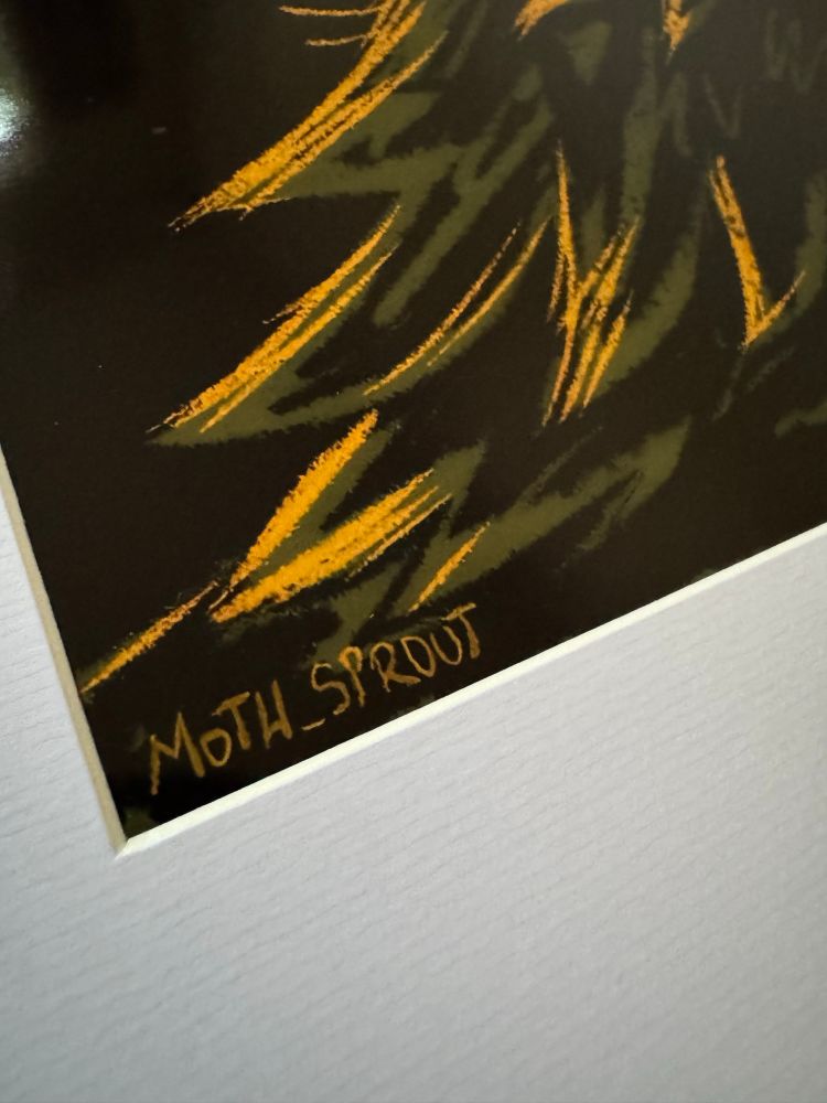 The lower corner of the artwork, showing the glowing golden strokes of fur detail. In the corner, the artist’s signature “Moth_Sprout” is handwritten in the same glowing gold orange copper pigment.