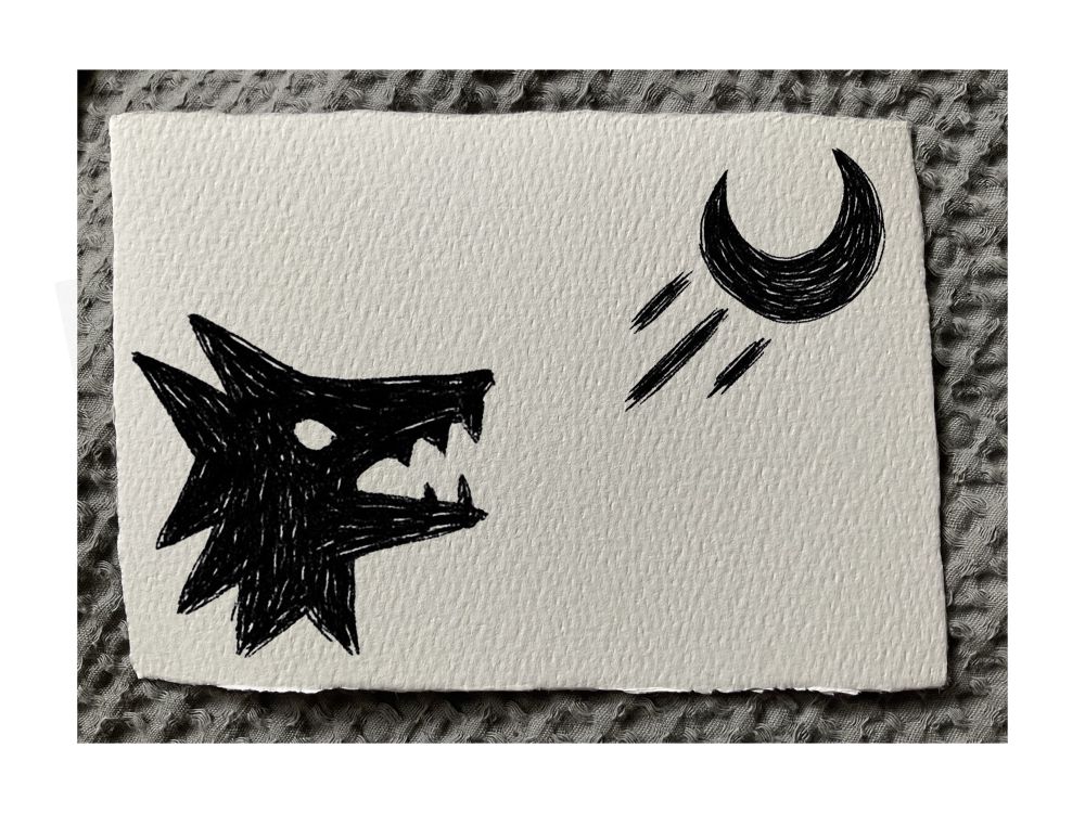 Black ink drawing on textured paper showing a stylized wolf’s head in profile, jaws open toward a crescent moon with three radiating marks. The composition feels primal and yearning — the wolf reaching toward the moon as if calling or hungering for it. 