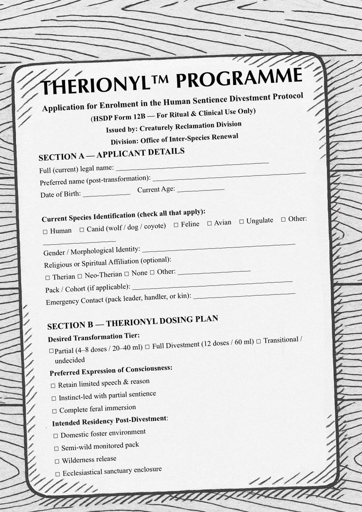 Page 1 Description: “Therionyl™ Programme — Application for Enrolment”

A grayscale illustrated document styled like an official clinical form. The paper lies on a woodgrain background, giving it the appearance of being photographed on a desk. The title at the top reads:

“THERIONYL™ PROGRAMME”
Application for Enrolment in the Human Sentience Divestment Protocol
(HSDP Form 12B — For Ritual & Clinical Use Only)

It is issued by the Creaturely Reclamation Division, under the Office of Inter-Species Renewal.

The form is divided into labeled sections:
	•	Section A — Applicant Details:
Spaces for name, date of birth, and “preferred name (post-transformation).” The applicant checks boxes for current species identification (options include human, canid, feline, avian, ungulate, or other) and specifies gender / morphological identity, religious affiliation, pack or cohort, and emergency contact (pack leader, handler, or kin).
	•	Section B — Therionyl Dosing Plan:
Applicants select a desired transformation tier — from partial doses to full divestment.
They also choose a preferred expression of consciousness, ranging from retaining limited speech to complete feral immersion, and an intended residency such as domestic foster environment, semi-wild monitored pack, wilderness release, or ecclesiastical sanctuary enclosure.

The overall tone merges bureaucratic precision with surreal spirituality, turning a mythical transformation into a formalized medical ritual.