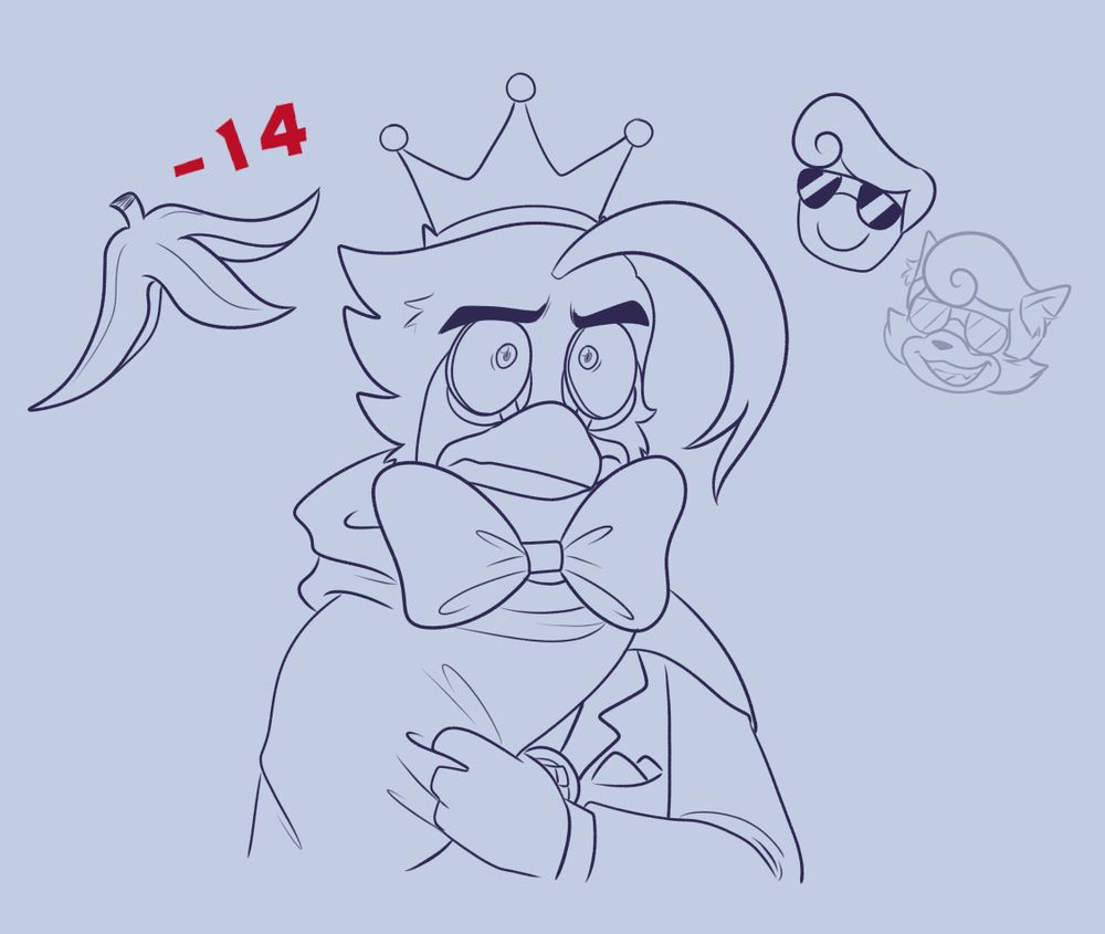 A sketch of Redd Heir Wing with a thousand yard stare, as he thinks about a banana peel dealing 14 damage to him, and a guy with aviator shades and a pompadour reminding him of Elvis Purrsley, a cat toon with the same accessories.