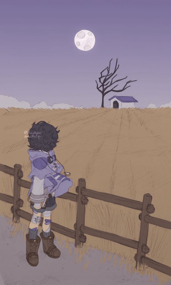 A digitally colored pencil sketch of Emory (OC). He stands on a gravel road, looking out to a small shack and a barren plum tree that looms over it. A vast wheat field stretches between them, a violet sky lit by the moon above. 