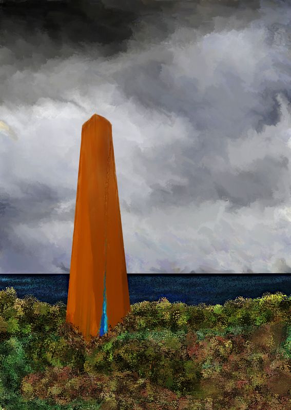 Painting - An orange obelisk, cracked at the bottom with blue light leaking out, sitting on a clifftop, looking out to a dark sea and a stormy sky.