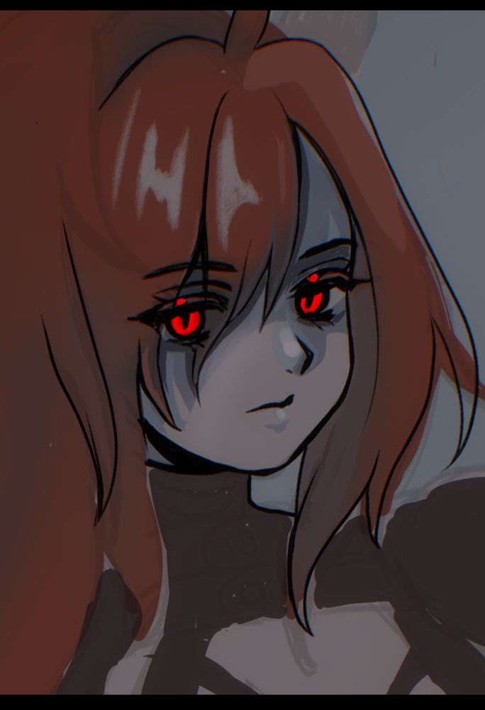 roughly drawn face with red eyes