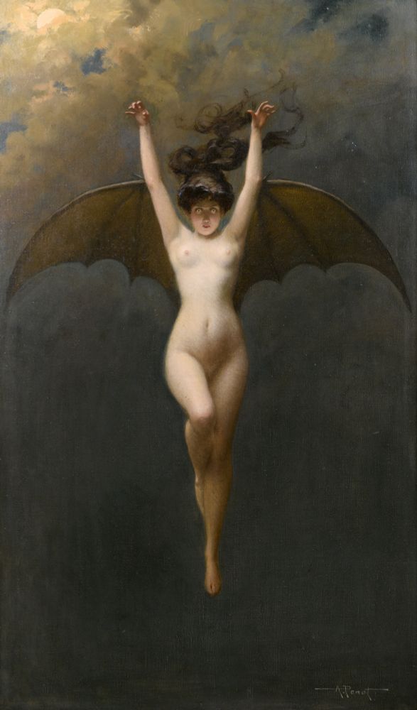 "The Bat Woman" (La Femme Chauve-Souris) by Albert Joseph Pénot. The painting features a naked white woman poised in mid-air in a dark, cloudy sky by moonlight, with eerie, glowing round eyes and bat wings. Her dark hair is whipping out behind her. She's awesome.