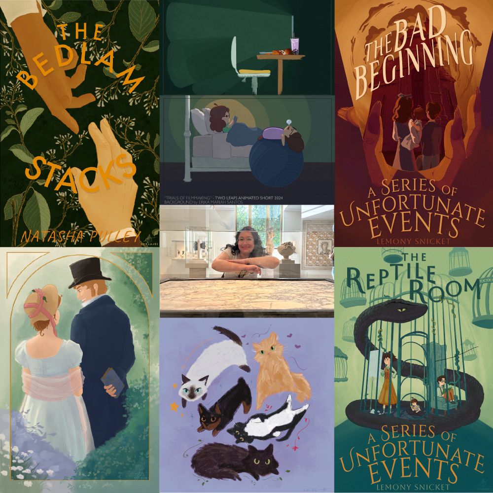 Erika’s Art vs artist 2024 featuring Erika at the Met in the middle with her top 7 pieces of illustrated work bordering her. 