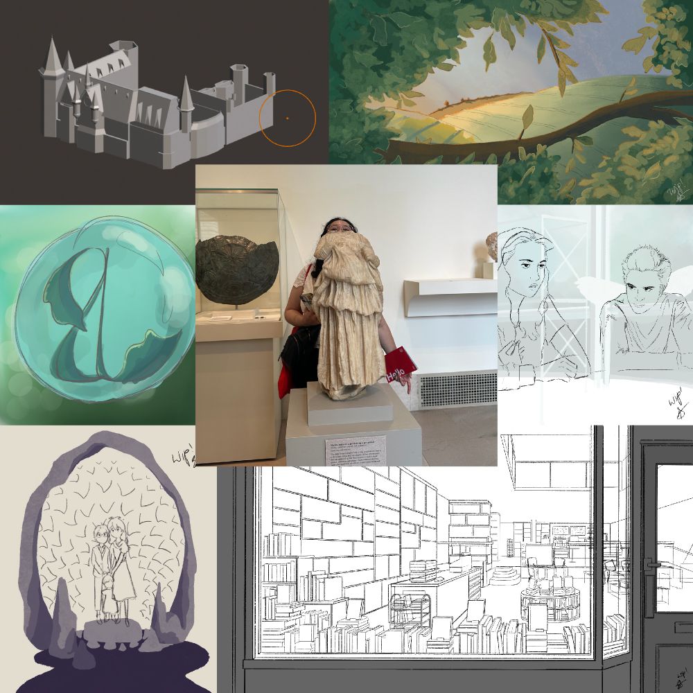 Erika’s 2024 artworks in progress. A photo of Erika standing behind a sculpture sits in the
 middle. 