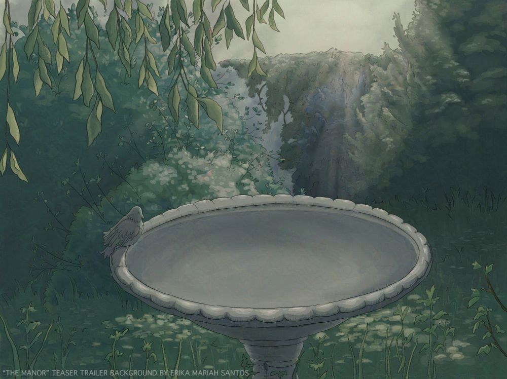 A background illustration by Erika Santos featuring a bird bath perched in the middle of a lush overgrown garden. Early morning light illuminates the whole space. 
