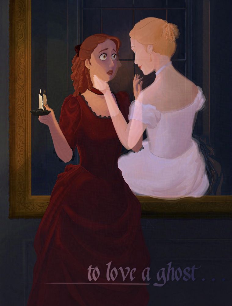 An illustration of a Ghost reappearing before her lover through a mirror. 