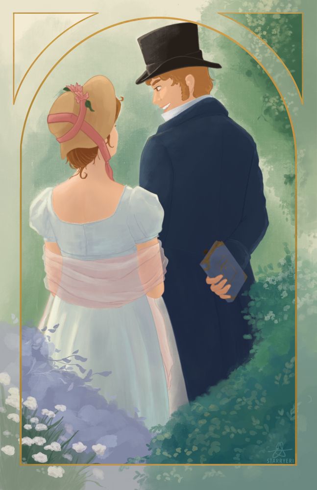 An illustration of a handsome regency couple turned away from us in a garden illuminated by soft light. The man stands ahead with a book behind his back and the girl looks up at him.