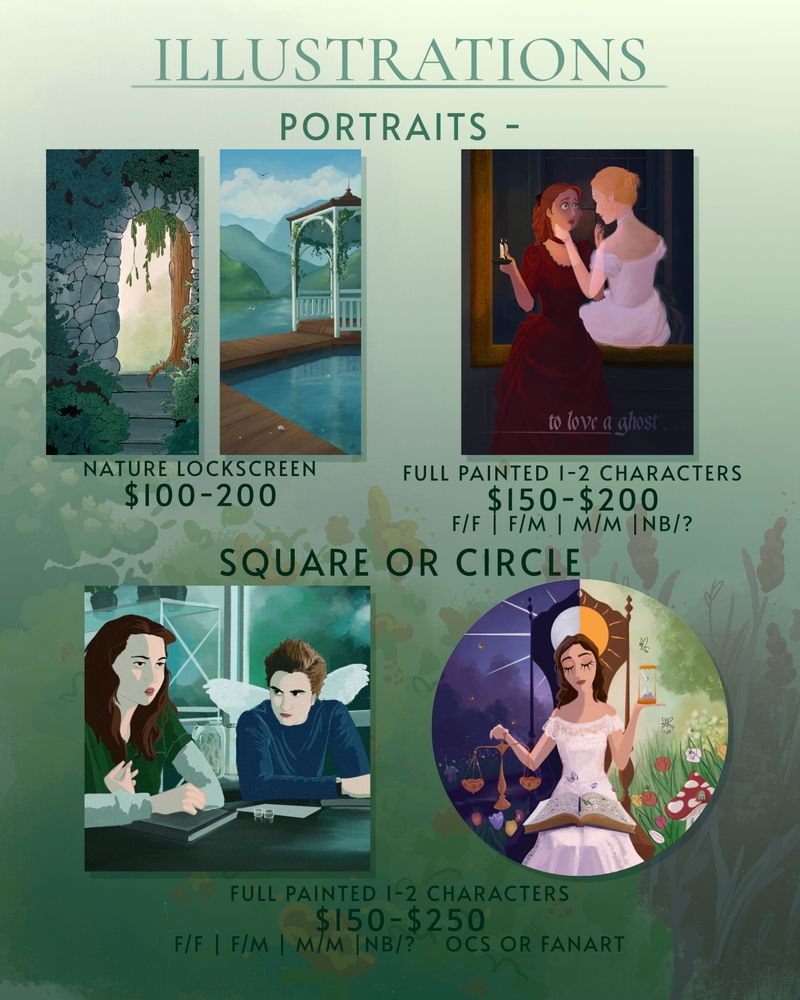 An infographic for illustration commission pricing. Fully painted nature portraits start at $100, 1-2 character portraits start at $150, and square or circle illustrations start at $150. OCs, someone in my style and Fanart in any gender are available!