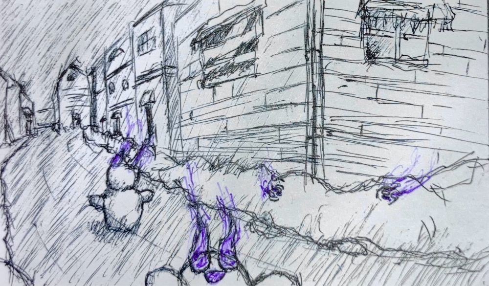 Day Fourteen - Roam
A drawing in pen of a frozen over village at night, with friendly little snowgheists forming and wandering the street