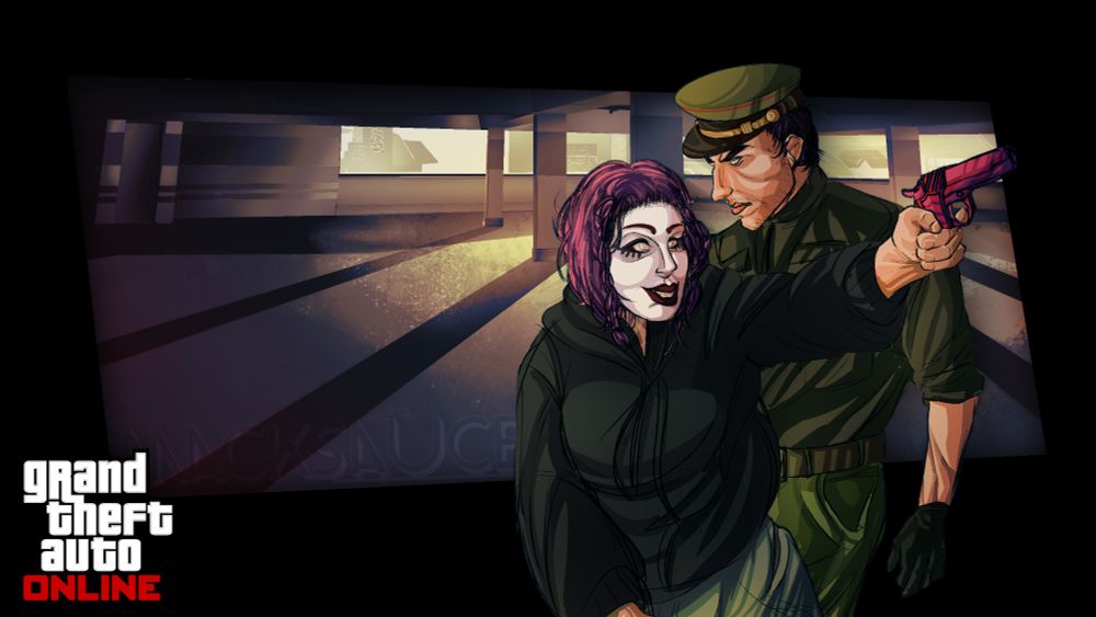 Commissioned art of a mock-up GTA Loading Screen. A man and a woman stand together in a parking garage, the woman holding a gun.