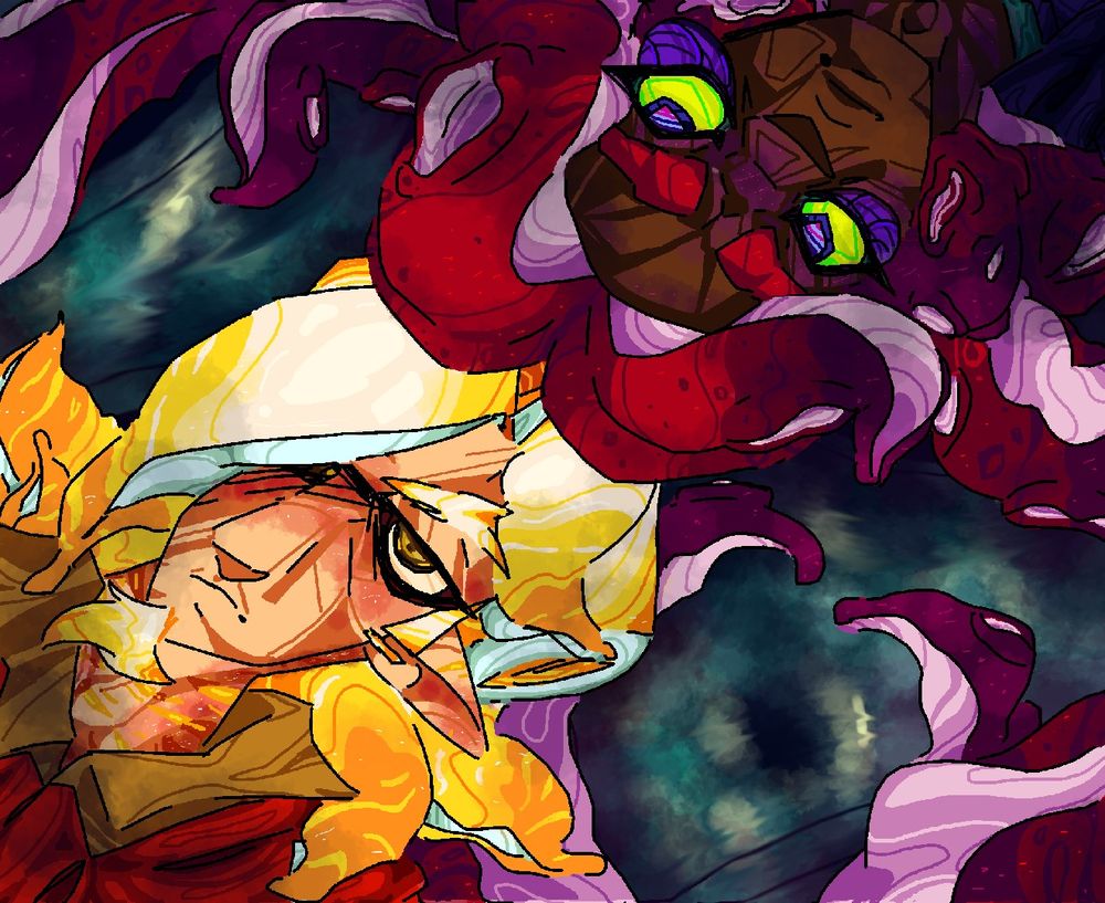 Drawing of Craig Cuttlefish and Octavio Takowasa lying in a pool of water.