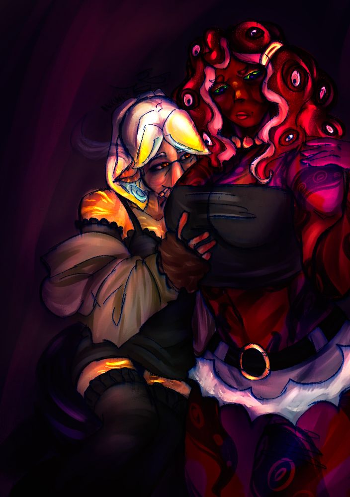 Drawing of Cap'n Cuttlefish and DJ Octavio from the game Splatoon. They are wearing gyaru-inspired fashion and the context of the drawing is romantic.