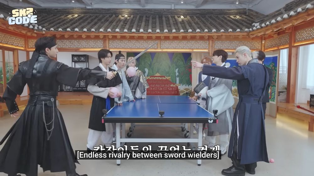Assassin hyunjin and bodyguard chan in splash splash chuseok captioned "[Endless rivalry between sword wielders]"