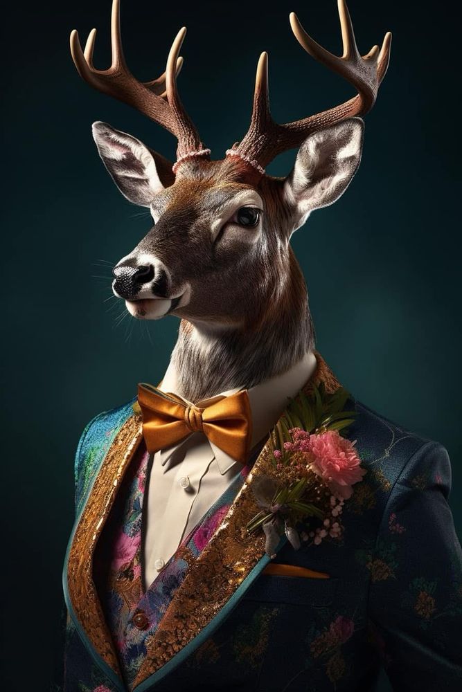 A regal anthropomorphic deer is depicted in a stunning formal portrait, exuding both elegance and natural grace. Its antlers are prominently displayed, reaching upward in a symmetrical and polished display of strength. The deer’s expressive face, featuring a glossy black nose, soft fur, and deep brown eyes, radiates intelligence and tranquility. A soft teal background subtly highlights the warm tones of the deer’s fur and enhances the richness of its attire.

The outfit is a masterclass in vibrant sophistication. The deer wears a deep blue suit jacket adorned with floral patterns in rich jewel tones. A gilded lapel with intricate embroidery adds a touch of opulence, perfectly framing a vividly colorful waistcoat that blends tones of pink, gold, and green. Beneath the waistcoat, a pristine cream shirt creates a striking contrast, and an orange satin bow tie adds a bold and playful accent. A pocket square in matching orange is neatly tucked into the jacket, harmonizing the look.

Pinned to the lapel is an elaborate boutonnière featuring sprigs of green foliage, soft pink carnations, and tiny blooms, adding a naturalistic touch to the ensemble. The soft lighting and rich detail make the portrait feel timeless, capturing the refined essence of the deer’s poised personality.