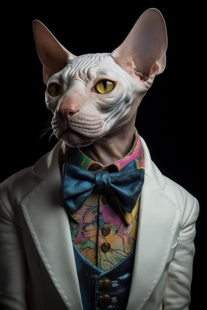 An exquisite anthropomorphic Sphynx cat is elegantly dressed in a striking and artistic formal outfit. The cat’s signature hairless skin is pale and textured with delicate wrinkles, showcasing the fine detailing of its anatomy. Its large, angular ears stand erect, adding a sense of attentiveness, while its piercing yellow eyes exude a sense of mystery and refinement. The subtle contours of its face and the confident tilt of its head suggest an air of nobility.

The attire features a crisp white tuxedo jacket with clean, sharp lines that contrast beautifully with the cat’s pale complexion. Beneath the jacket, the Sphynx wears a vibrant patterned shirt, blending hues of pink, yellow, and green, evoking an artistic flair. A luxurious teal satin waistcoat complements the shirt, fastened with shiny gold buttons that add a touch of opulence. Topping off the ensemble is an oversized satin bow tie in a matching teal shade, which balances sophistication with a hint of whimsy. The cat is posed against a minimalist black background, allowing its intricate outfit and striking features to take center stage in this captivating portrait.
