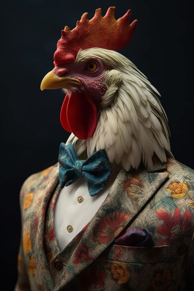 A stately anthropomorphic rooster exudes charisma in a finely tailored floral suit, merging rustic charm with metropolitan elegance. The rooster’s prominent red comb is textured with intricate detail, resembling a crown, and stands tall atop its head, symbolizing pride and confidence. Its sharp, golden-yellow beak is perfectly proportioned and slightly parted, adding dynamism to the portrait. The rooster’s striking amber eye is sharp and focused, conveying an air of intelligence and authority. Its neck and chest feathers are snowy white, impeccably groomed and radiating a soft sheen.

The rooster’s outfit is a visual delight. It features a beige suit adorned with a vibrant floral pattern of red, orange, and yellow blossoms, complemented by green foliage. The design combines whimsy with sophistication, blending seamlessly with the rooster’s natural plumage. Beneath the suit jacket is a cream-colored dress shirt with gold buttons, paired with a turquoise bow tie decorated with fine golden motifs. A matching pocket square, neatly folded in the jacket’s breast pocket, adds a refined touch.

The background is a deep, muted green, which highlights the rooster’s regal presence and colorful attire. Warm lighting enhances the textures of both the feathers and fabric, creating a harmonious blend of natural beauty and bespoke fashion. The portrait radiates a sense of pride, elegance, and meticulous attention to detail.