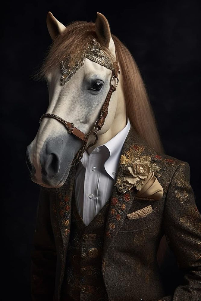 A regal anthropomorphic horse is portrayed in a sophisticated, ornate ensemble that exudes elegance and nobility. The horse’s smooth white coat gleams with subtle highlights, emphasizing its refined features, including its elongated muzzle, soft nostrils, and expressive dark eyes that radiate intelligence and composure. A cascade of silky, light brown mane flows gracefully down the side, complementing the horse’s dignified presence.

The horse wears an intricately designed headpiece adorned with gold filigree and delicate sparkling jewels, accentuating its aristocratic aura. A finely crafted brown leather halter with brass details sits snugly on its head, blending practicality with aesthetic charm. The outfit features a richly textured brown suit jacket with a subtle floral brocade pattern in gold and warm tones, adding a touch of nature-inspired opulence. A perfectly tailored white dress shirt peeks out from beneath the jacket, its crisp collar lending an air of timeless formality.

A luxurious boutonnière decorates the lapel, composed of a golden silk flower, lace accents, and soft beige folds, which harmonize beautifully with a matching pocket square tucked neatly into the jacket. The dark background further highlights the horse’s resplendent attire and graceful demeanor, creating a timeless and majestic portrait.